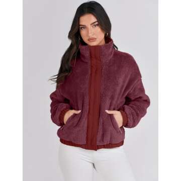 ANRABESS Womens Fleece Jacket Casual Long Sleeve Cropped Sherpa Button Down Fuzzy Warm Coats Fall Outwear With Pockets Burgundy Medium