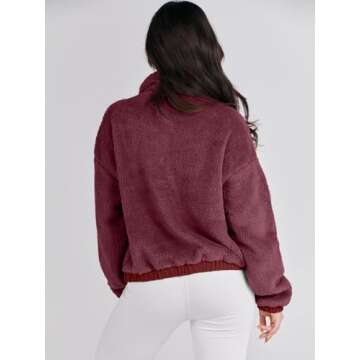 ANRABESS Womens Fleece Jacket Casual Long Sleeve Cropped Sherpa Button Down Fuzzy Warm Coats Fall Outwear With Pockets Burgundy Medium