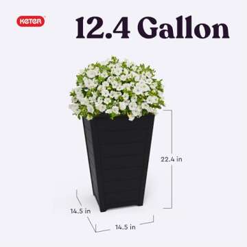 Keter Set of 2 Resin Modern Outdoor 22 Inch Tall Large Flower Pots, Tapered Wood Look Planters for O...