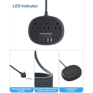 Short Black Extension Cord with USB Ports for Home