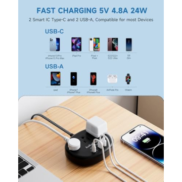 Short Black Extension Cord with USB Ports for Home