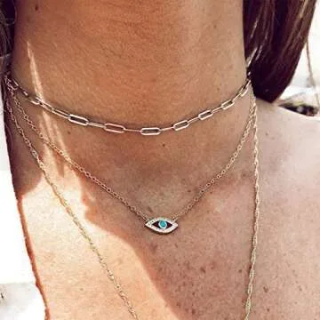 MYEARS Women Evil Eye Necklace Gold Pendant Turquoise Cubic Zirconia 14K Gold Plated Simple Dainty C...