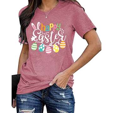 YI XIANG RAN Happy Easter Shirts for Women Easter Bunny T-Shirt Rabbit Graphic Tees Easter Egg Holiday Shirt Tops (Pink, XX-Large)