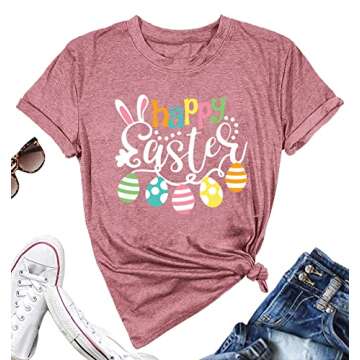 YI XIANG RAN Happy Easter Shirts for Women Easter Bunny T-Shirt Rabbit Graphic Tees Easter Egg Holiday Shirt Tops (Pink, XX-Large)