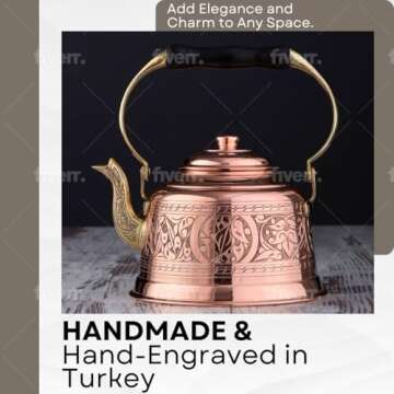 DEMMEX Heavy Gauge 1mm Thick Engraved Solid Copper Tea Pot Kettle Stovetop Teapot, Handmade (1.6-Qua...