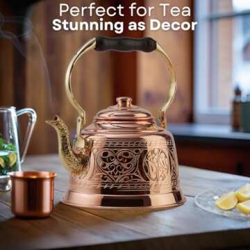 DEMMEX Heavy Gauge 1mm Thick Engraved Solid Copper Tea Pot Kettle Stovetop Teapot, Handmade (1.6-Quarts - Engraved)