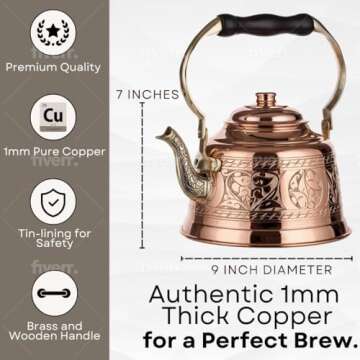 DEMMEX Heavy Gauge 1mm Thick Engraved Solid Copper Tea Pot Kettle Stovetop Teapot, Handmade (1.6-Quarts - Engraved)