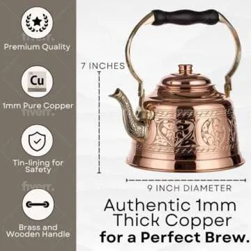 DEMMEX Heavy Gauge 1mm Thick Engraved Solid Copper Tea Pot Kettle Stovetop Teapot, Handmade (1.6-Quarts - Engraved)