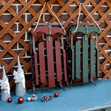 Morning View Christmas Sleigh Outdoor Decoration Wood Sleigh Decor Rustic Wall Hanging Sled Holiday Decor Christmas Sled Wood Hanging Sled Ornament with Jute Rope Xmas Decorations for Home (Green)