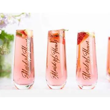 Bridesmaid Wine Glasses, Kook Bachelorette Party Champagne Glasses, 9.4 Oz (Bridal Set of 8), Stemless Glass Champagne Flutes, Cocktail Cups for Rose, Great for Weddings and Parties, Dishwasher Safe