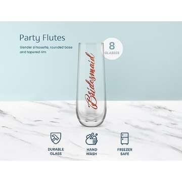 Bridesmaid Wine Glasses, Kook Bachelorette Party Champagne Glasses, 9.4 Oz (Bridal Set of 8), Stemless Glass Champagne Flutes, Cocktail Cups for Rose, Great for Weddings and Parties, Dishwasher Safe