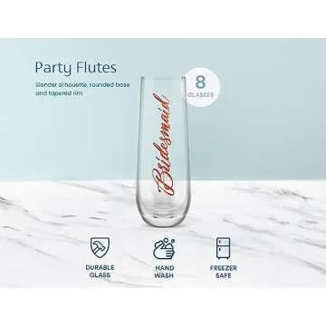 Bridesmaid Wine Glasses, Kook Bachelorette Party Champagne Glasses, 9.4 Oz (Bridal Set of 8), Stemless Glass Champagne Flutes, Cocktail Cups for Rose, Great for Weddings and Parties, Dishwasher Safe