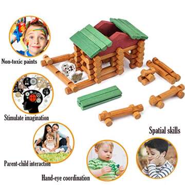 Wondertoys 170 Pieces Wood Logs Set Ages 3+, Classic Building Log Toys for Boy, Creative Construction Engineering Educational Gifts