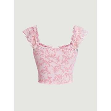 COZYEASE Women's Floral Ruched Bust Sweetheart Neck Tie Front Crop Tee Cap Sleeve Bodycon Summer Goi...