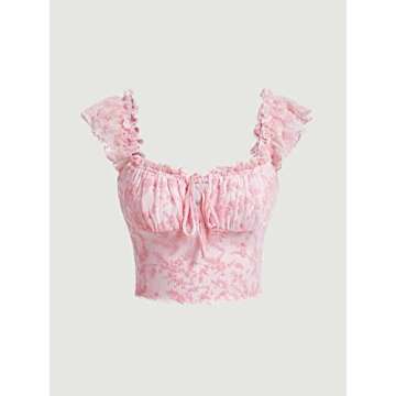 COZYEASE Women's Floral Ruched Bust Sweetheart Neck Tie Front Crop Tee Cap Sleeve Bodycon Summer Going Out Top Pink S