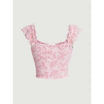 COZYEASE Women's Floral Ruched Bust Sweetheart Neck Tie Front Crop Tee Cap Sleeve Bodycon Summer Going Out Top Pink S