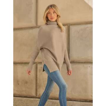LILLUSORY Womens Turtleneck Oversized Tunic Fall Sweaters 2024 Casual Long Pullover Knit Winter Cute Poncho Fashion Trendy Clothes Outfits Clothing Tops Leggings Light Apricot