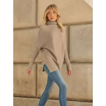 LILLUSORY Womens Turtleneck Oversized Tunic Fall Sweaters 2024 Casual Long Pullover Knit Winter Cute Poncho Fashion Trendy Clothes Outfits Clothing Tops Leggings Light Apricot