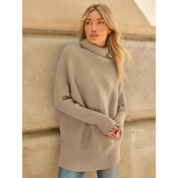 LILLUSORY Womens Turtleneck Oversized Tunic Fall Sweaters 2024 Casual Long Pullover Knit Winter Cute Poncho Fashion Trendy Clothes Outfits Clothing Tops Leggings Light Apricot
