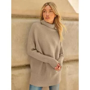 LILLUSORY Womens Turtleneck Oversized Tunic Fall Sweaters 2024 Casual Long Pullover Knit Winter Cute Poncho Fashion Trendy Clothes Outfits Clothing Tops Leggings Light Apricot