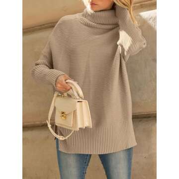 LILLUSORY Womens Turtleneck Oversized Tunic Fall Sweaters 2024 Casual Long Pullover Knit Winter Cute Poncho Fashion Trendy Clothes Outfits Clothing Tops Leggings Light Apricot