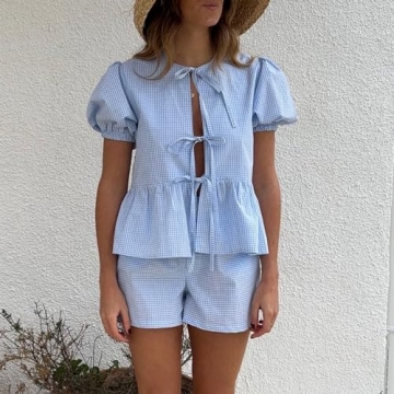 FULA-bao Women's Cute Plaid Pajamas Set for Loungewear