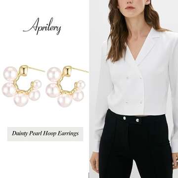 Aprilery 14K Gold Plated Pearl Hoop Earrings for Women, Trendy Pearl Earrings Cuff Lightweight Hypoallergenic Jewelry for Her (Pearl Cuff)