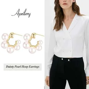 Aprilery 14K Gold Plated Pearl Hoop Earrings for Women, Trendy Pearl Earrings Cuff Lightweight Hypoallergenic Jewelry for Her (Pearl Cuff)