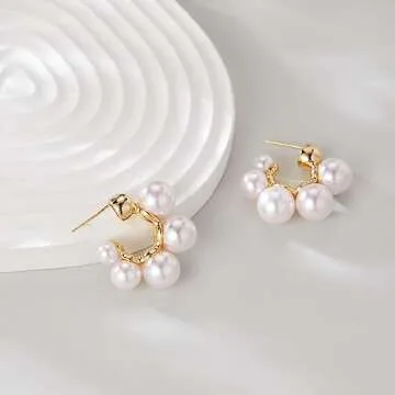 Aprilery 14K Gold Plated Pearl Hoop Earrings for Women, Trendy Pearl Earrings Cuff Lightweight Hypoallergenic Jewelry for Her (Pearl Cuff)