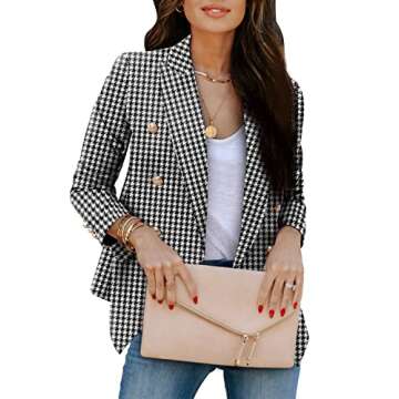 CRAZY GRID Womens Double Breasted Blazer Open Front Business Casual Blazer Jackets Dressy Long Sleeve Suit Jacket Lapel Gold Button Ladies Work Office Blazer Black Houndstooth Small