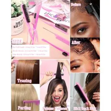 Hair Wax Stick, Slick Back Hair Brush Set 4Pcs, Wax Stick for Hair, Bristle Brush for Flyaways, Teasing Brush for Hair Styling, Edge Brush for Tame Frizz Baby Hair, Rat Tail Combs for Parting