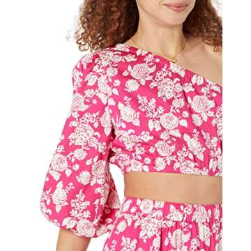 The Drop Women's Anupa Cotton One Shoulder Cropped Top, Hot Pink Floral, XS