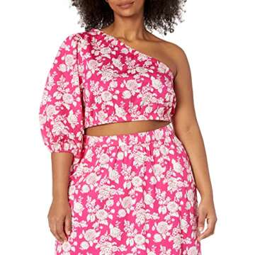 The Drop Women's Anupa Cotton One Shoulder Cropped Top, Hot Pink Floral, XS