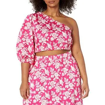 The Drop Women's Anupa Cotton One Shoulder Cropped Top, Hot Pink Floral, XS
