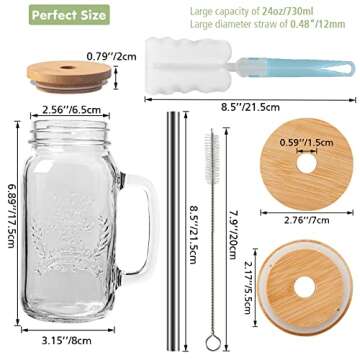 Yirilan 4 Pack 24Oz Mason jar cups with lids and straws, Mason Jars with Handle, Mason Jar Drinking ...