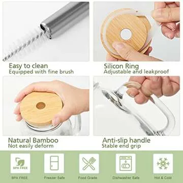 Yirilan 4 Pack 24Oz Mason jar cups with lids and straws, Mason Jars with Handle, Mason Jar Drinking Glasses with Lid and Straw, Mason Jar Mugs