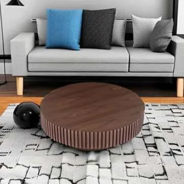 WILLIAMSPACE 31.49" Walnut Round Coffee Table, Modern Luxury Wood Circle Drum Center Table for Living Room, Accent Side Table End Table for Apartment, ø31.49'' x 13.77''H (Walnut)
