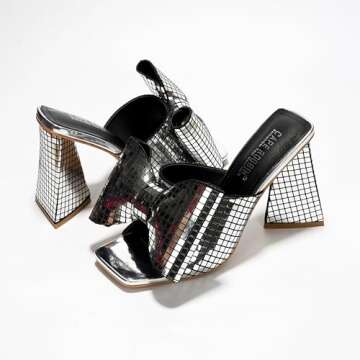Cape Robbin Bow Metallic Heels For Women - Bow High Heels For Women - Disco Shoes Women - Chunky Block Heels With Bow Tie & Square Open Toe Discoball