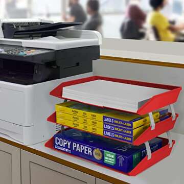 Acrimet 3 Tier Side Load Letter Tray Facility, Desktop File Organizer, A4 Letter Size Paper Organizer, Minimalist Storage Solution Paper Tray for Office, Home, Classroom (Plastic, Solid Red Color)