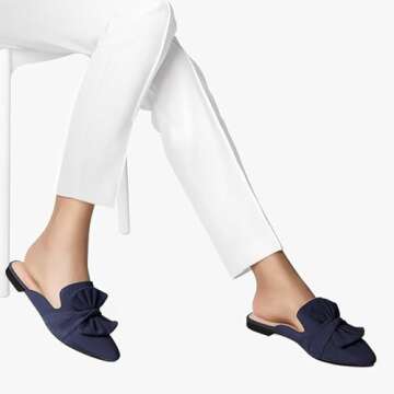 MUSSHOE Women Mules for Woman Comfortable Pointed Toe Mules Flats Backless Loafers with Knot Navy 9