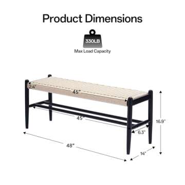 XINNAN Solid Wood Entryway Bench with Shoe Storage, Rustic Oak Wood and Woven Design 45 Inch Long Se...