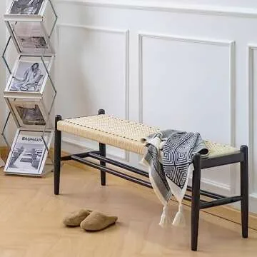 XINNAN Solid Wood Entryway Bench with Shoe Storage, Rustic Oak Wood and Woven Design 45 Inch Long Seating for Living and Dining Rooms,Black