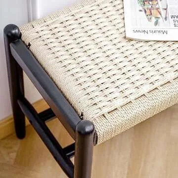 XINNAN Solid Wood Entryway Bench with Shoe Storage, Rustic Oak Wood and Woven Design 45 Inch Long Seating for Living and Dining Rooms,Black