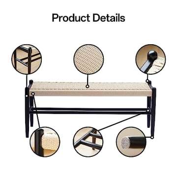 XINNAN Solid Wood Entryway Bench with Shoe Storage, Rustic Oak Wood and Woven Design 45 Inch Long Seating for Living and Dining Rooms,Black