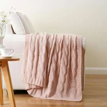 Battilo Blush Cable Knit Throw Blankets for Couch Bed Sofa, Acrylic Knitted Blanket, Soft Cozy Throw Blanket, 50" x 60"