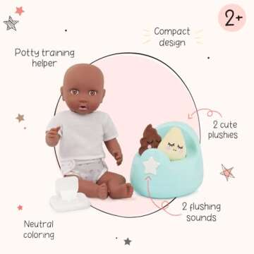 LullaBaby – Potty Training Accessory With 2 Sounds – 14-inch Baby Doll Accessories – Plushies, Diaper, And Pretend Wipes – Imaginative Play – Toys For Kids Ages 2 & Up – Baby Doll Potty Set