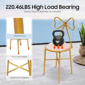 Sallurmose Vanity Stool,Butterfly Bow Tie Pink Vanity Chair Velvet Cushion Metal Frame Lounge Dresser Seat with Butterfly Backrest Also Use for Kitchen Bedroom Pub Breakfast Dining Coffee