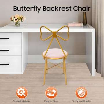 Sallurmose Vanity Stool,Butterfly Bow Tie Pink Vanity Chair Velvet Cushion Metal Frame Lounge Dresser Seat with Butterfly Backrest Also Use for Kitchen Bedroom Pub Breakfast Dining Coffee