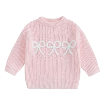 Cute Toddler Baby Girl Knit Sweater Bow Embroidery - Cozy Oversized Style for Winter