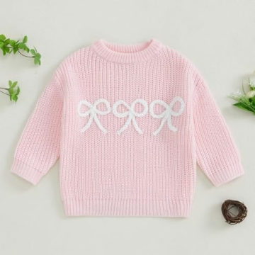 Stylish Toddler Baby Girl Knit Sweater with Bow Embroidery